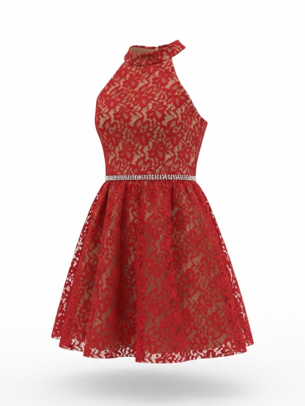Macy's Red Lace Sleeveless Dress with Beaded Waist 7/8